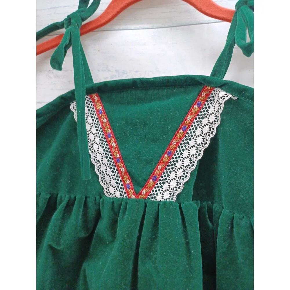 Vtg 60s Girls Emerald Green Velvet Dress Sz 7 Lace Spaghetti Straps Cottagecore - Picture 2 of 6